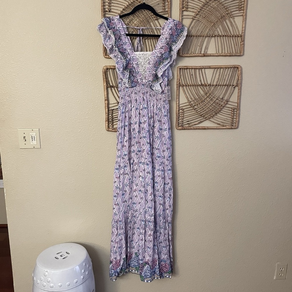 Chloe Laetitia Floral Print Dress Prairie Cottagecore Purple Lace Sz S‎ B14